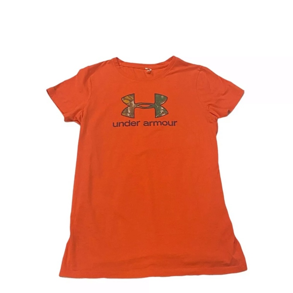 Womens Under Armour Orange Tee Shirt Size large Heat Gear Logo Graphics
